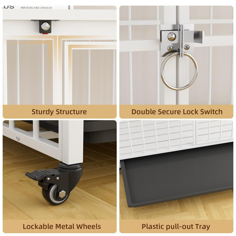 38 Inch Heavy Duty Dog Crate Furniture, Wooden Dog Kennel End Table, Foldable Dog Cages Indoor with 4 Lockable Wheels, Double Door and Removable Tray, for Large Dogs