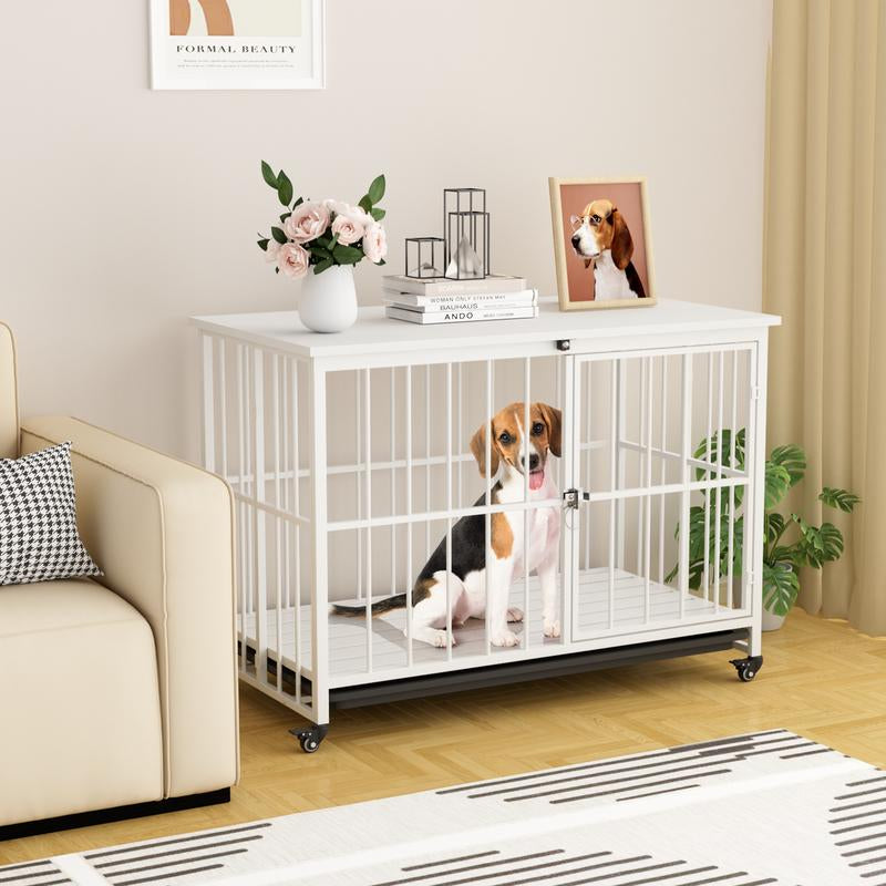38 Inch Heavy Duty Dog Crate Furniture, Wooden Dog Kennel End Table, Foldable Dog Cages Indoor with 4 Lockable Wheels, Double Door and Removable Tray, for Large Dogs