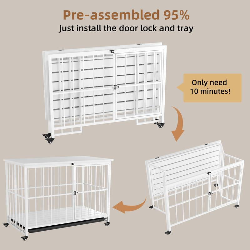 38 Inch Heavy Duty Dog Crate Furniture, Wooden Dog Kennel End Table, Foldable Dog Cages Indoor with 4 Lockable Wheels, Double Door and Removable Tray, for Large Dogs