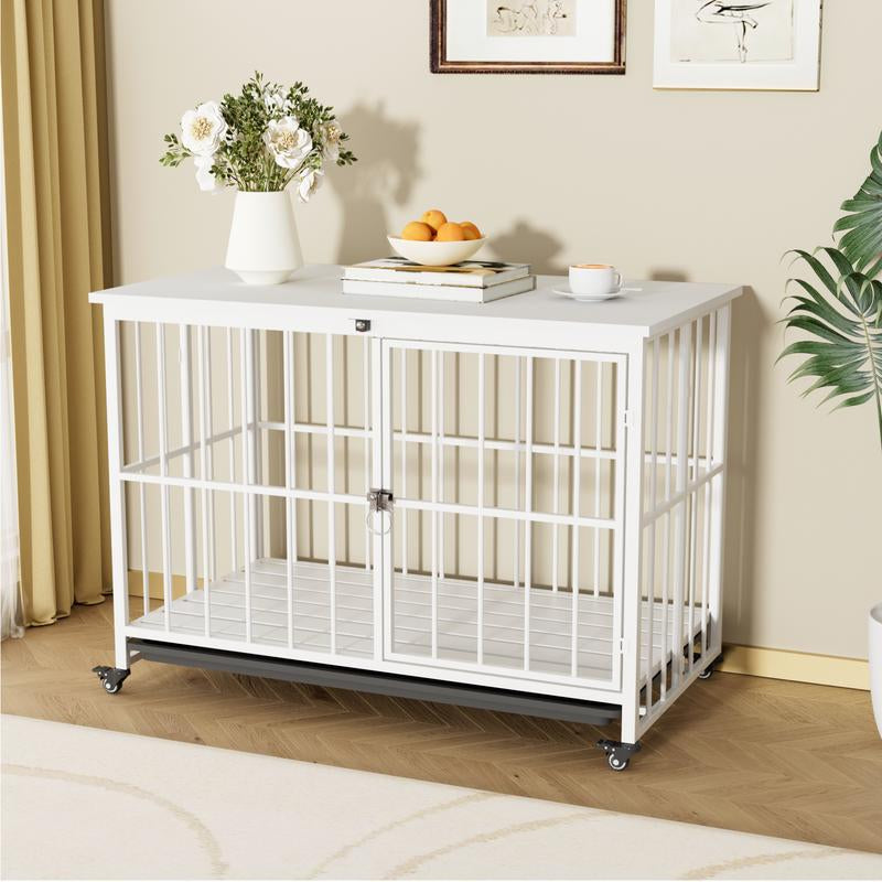 38 Inch Heavy Duty Dog Crate Furniture, Wooden Dog Kennel End Table, Foldable Dog Cages Indoor with 4 Lockable Wheels, Double Door and Removable Tray, for Large Dogs