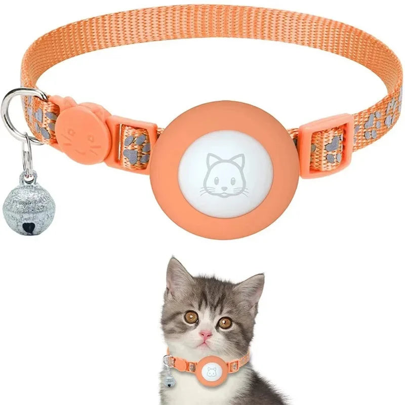 Adjustable Reflective GPS Cat Collar Compatible with Apple AirTag, Featuring Safety Buckle and Bell for Kittens and Puppies (7-12 Inches)