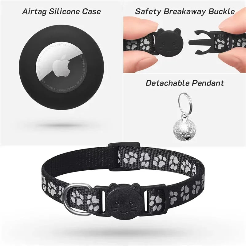 Adjustable Reflective GPS Cat Collar Compatible with Apple AirTag, Featuring Safety Buckle and Bell for Kittens and Puppies (7-12 Inches)