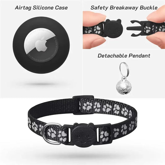 Adjustable Reflective GPS Cat Collar Compatible with Apple AirTag, Featuring Safety Buckle and Bell for Kittens and Puppies (7-12 Inches)