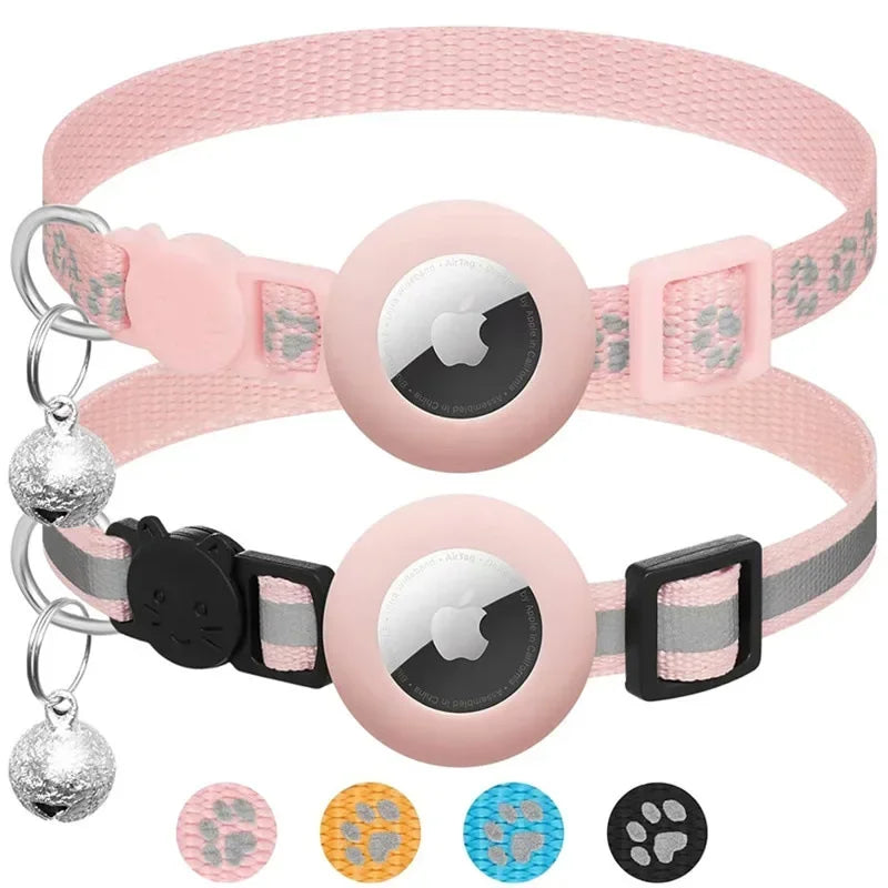 Adjustable Reflective GPS Cat Collar Compatible with Apple AirTag, Featuring Safety Buckle and Bell for Kittens and Puppies (7-12 Inches)