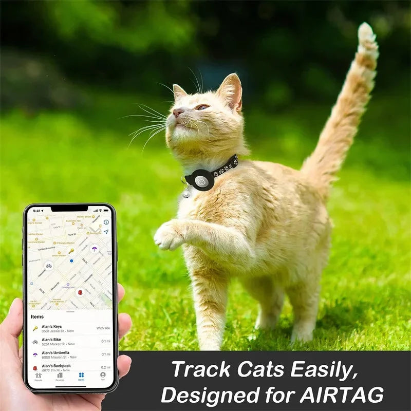 Adjustable Reflective GPS Cat Collar Compatible with Apple AirTag, Featuring Safety Buckle and Bell for Kittens and Puppies (7-12 Inches)