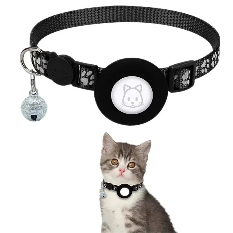 Adjustable Reflective GPS Cat Collar Compatible with Apple AirTag, Featuring Safety Buckle and Bell for Kittens and Puppies (7-12 Inches)