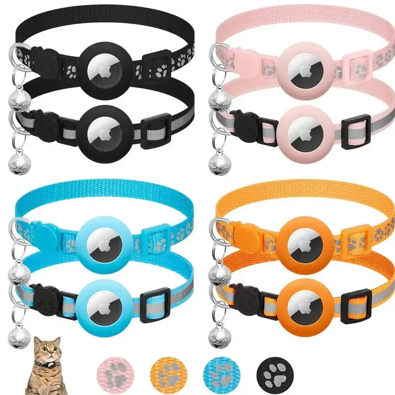 Adjustable Reflective GPS Cat Collar Compatible with Apple AirTag, Featuring Safety Buckle and Bell for Kittens and Puppies (7-12 Inches)