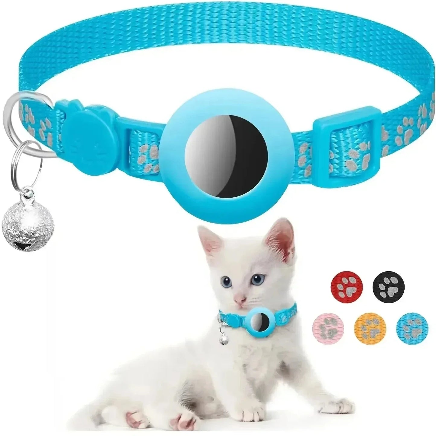Adjustable Reflective GPS Cat Collar Compatible with Apple AirTag, Featuring Safety Buckle and Bell for Kittens and Puppies (7-12 Inches)