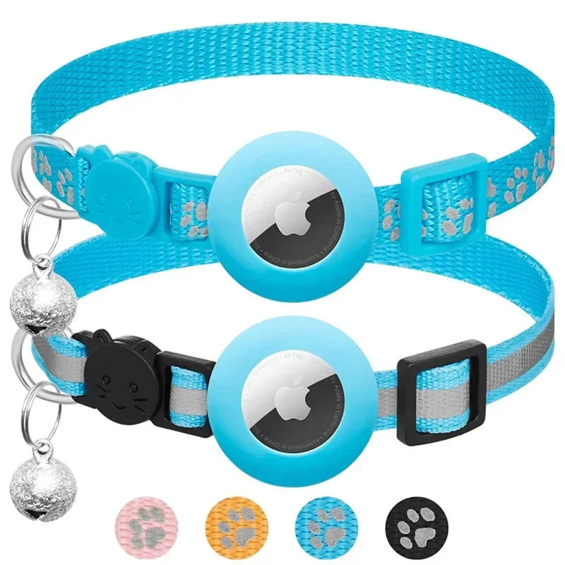 Adjustable Reflective GPS Cat Collar Compatible with Apple AirTag, Featuring Safety Buckle and Bell for Kittens and Puppies (7-12 Inches)