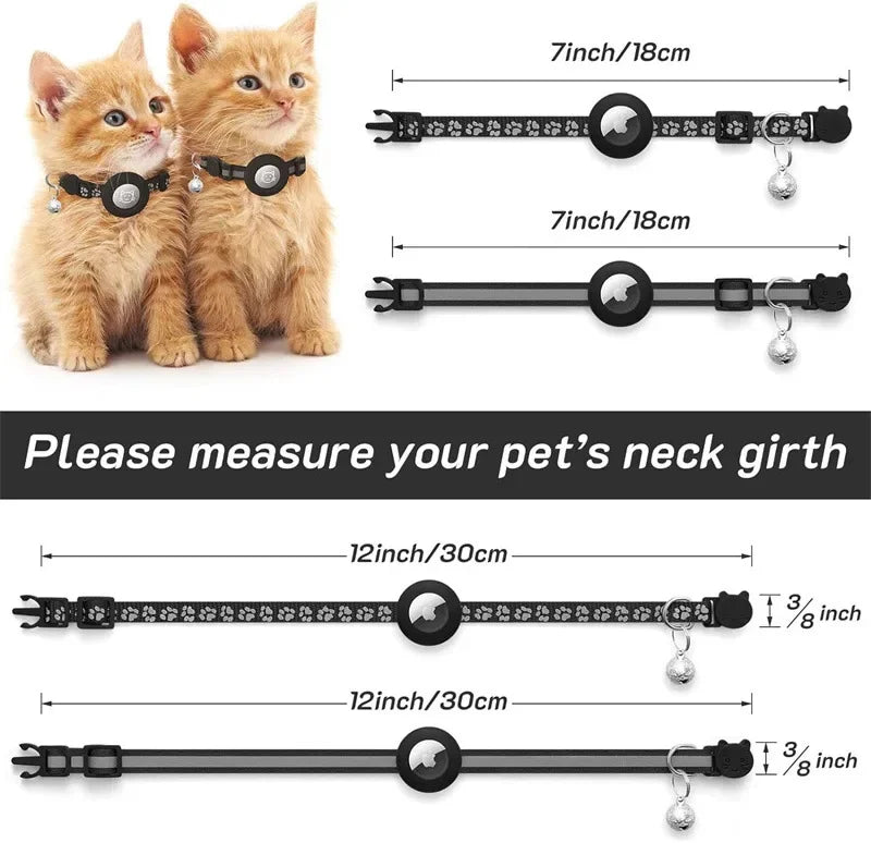 Adjustable Reflective GPS Cat Collar Compatible with Apple AirTag, Featuring Safety Buckle and Bell for Kittens and Puppies (7-12 Inches)