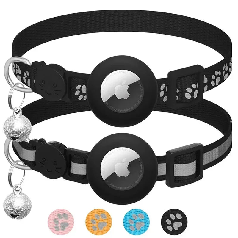 Adjustable Reflective GPS Cat Collar Compatible with Apple AirTag, Featuring Safety Buckle and Bell for Kittens and Puppies (7-12 Inches)