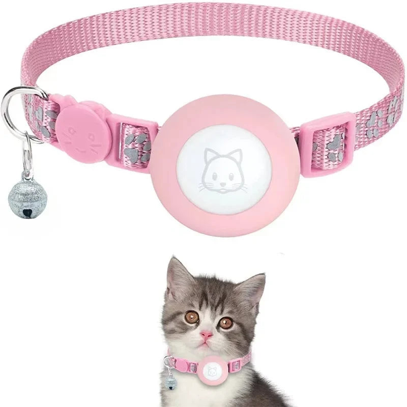Adjustable Reflective GPS Cat Collar Compatible with Apple AirTag, Featuring Safety Buckle and Bell for Kittens and Puppies (7-12 Inches)