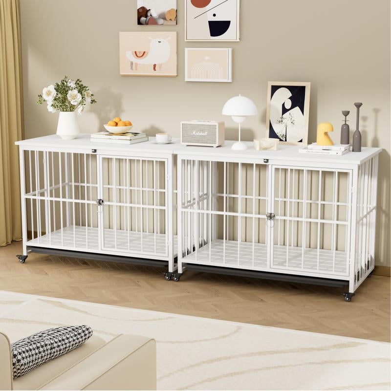 38 Inch Heavy Duty Dog Crate Furniture, Wooden Dog Kennel End Table, Foldable Dog Cages Indoor with 4 Lockable Wheels, Double Door and Removable Tray, for Large Dogs