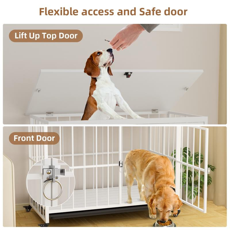 38 Inch Heavy Duty Dog Crate Furniture, Wooden Dog Kennel End Table, Foldable Dog Cages Indoor with 4 Lockable Wheels, Double Door and Removable Tray, for Large Dogs