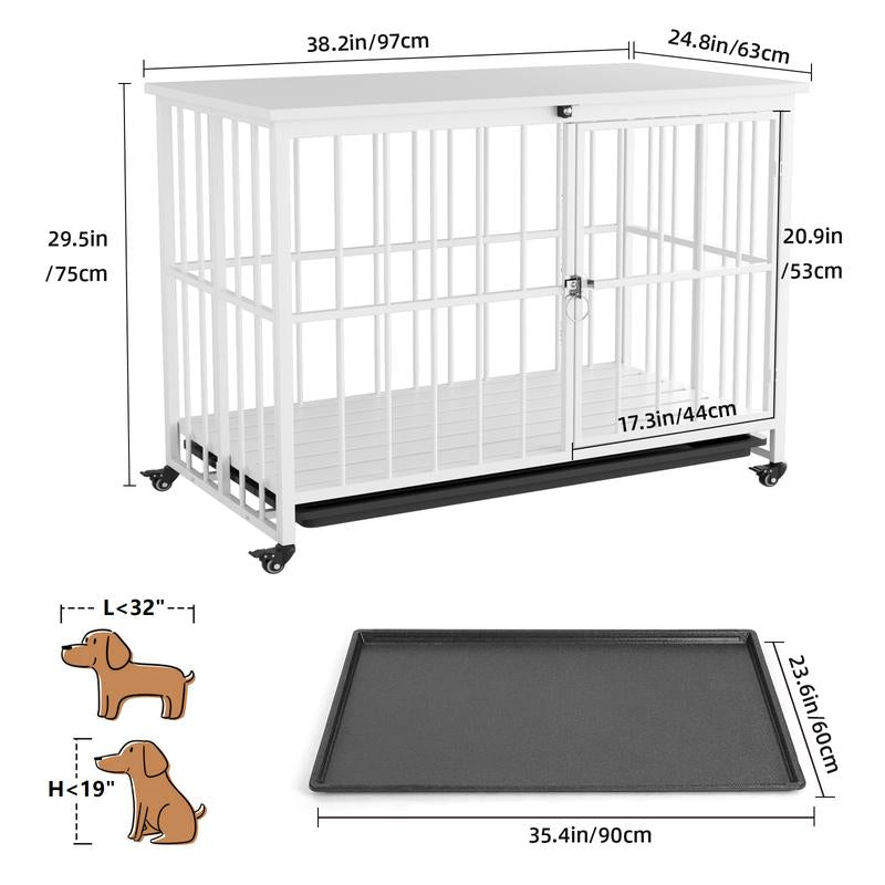 38 Inch Heavy Duty Dog Crate Furniture, Wooden Dog Kennel End Table, Foldable Dog Cages Indoor with 4 Lockable Wheels, Double Door and Removable Tray, for Large Dogs