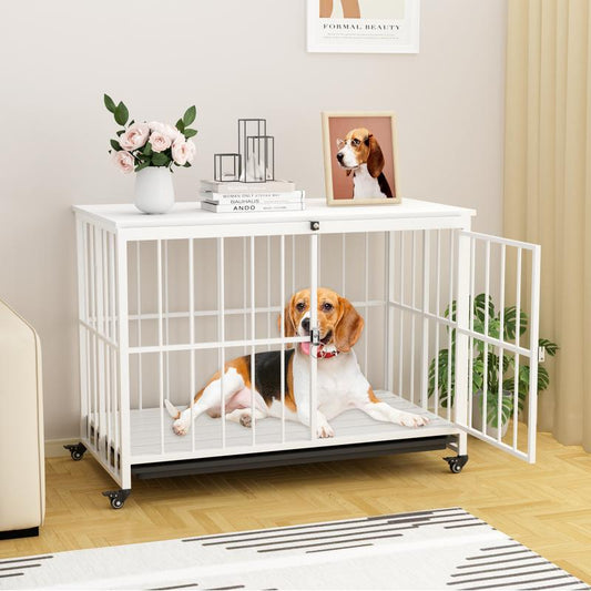 38 Inch Heavy Duty Dog Crate Furniture, Wooden Dog Kennel End Table, Foldable Dog Cages Indoor with 4 Lockable Wheels, Double Door and Removable Tray, for Large Dogs