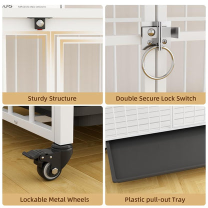 38 Inch Heavy Duty Dog Crate Furniture, Wooden Dog Kennel End Table, Foldable Dog Cages Indoor with 4 Lockable Wheels, Double Door and Removable Tray, for Large Dogs
