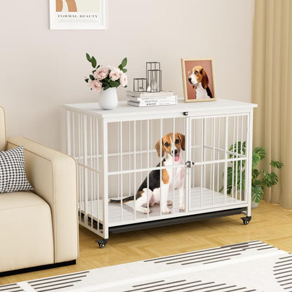 38 Inch Heavy Duty Dog Crate Furniture, Wooden Dog Kennel End Table, Foldable Dog Cages Indoor with 4 Lockable Wheels, Double Door and Removable Tray, for Large Dogs
