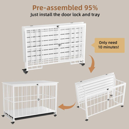 38 Inch Heavy Duty Dog Crate Furniture, Wooden Dog Kennel End Table, Foldable Dog Cages Indoor with 4 Lockable Wheels, Double Door and Removable Tray, for Large Dogs