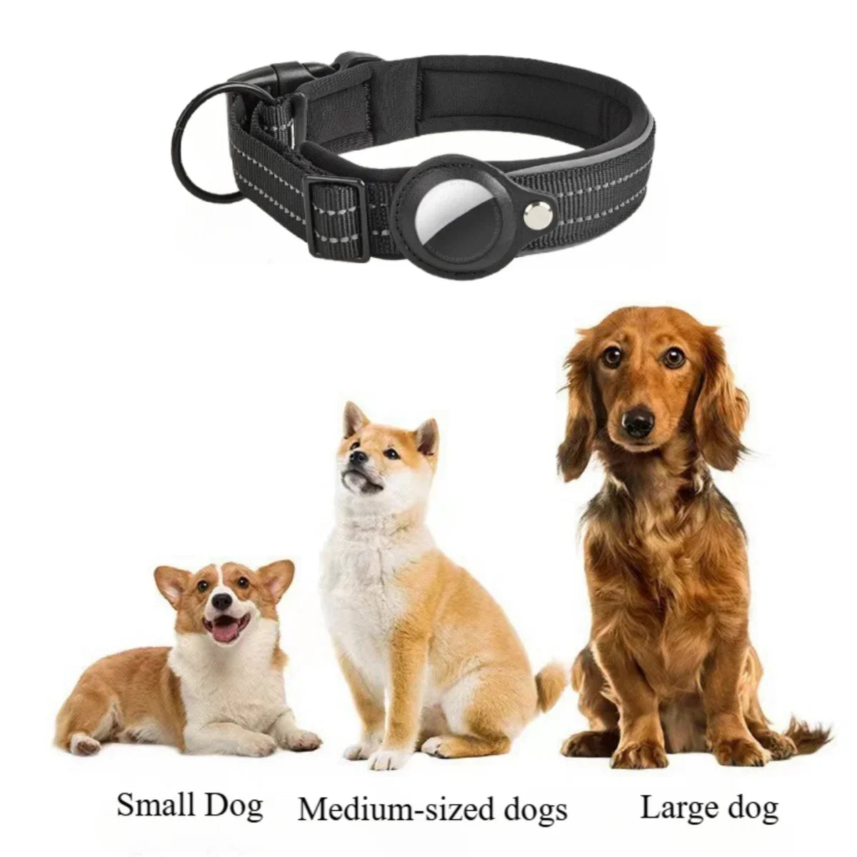 Reflective Padded Dog Collar with Airtag Holder - Adjustable Pet Collar for Small, Medium, and Large Dogs