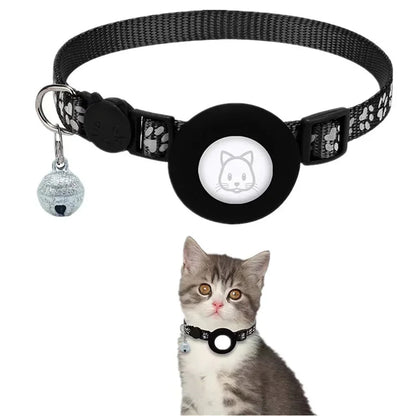 Adjustable Reflective GPS Cat Collar Compatible with Apple AirTag, Featuring Safety Buckle and Bell for Kittens and Puppies (7-12 Inches)