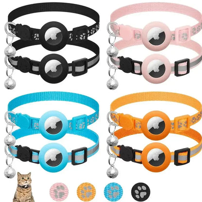 Adjustable Reflective GPS Cat Collar Compatible with Apple AirTag, Featuring Safety Buckle and Bell for Kittens and Puppies (7-12 Inches)