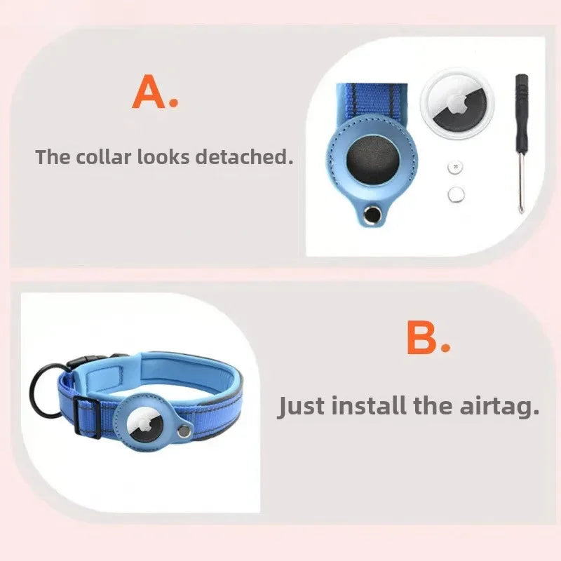 Reflective Padded Dog Collar with Airtag Holder - Adjustable Pet Collar for Small, Medium, and Large Dogs