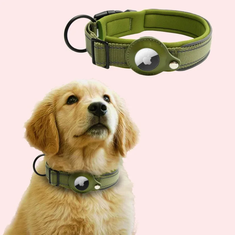 Reflective Padded Dog Collar with Airtag Holder - Adjustable Pet Collar for Small, Medium, and Large Dogs