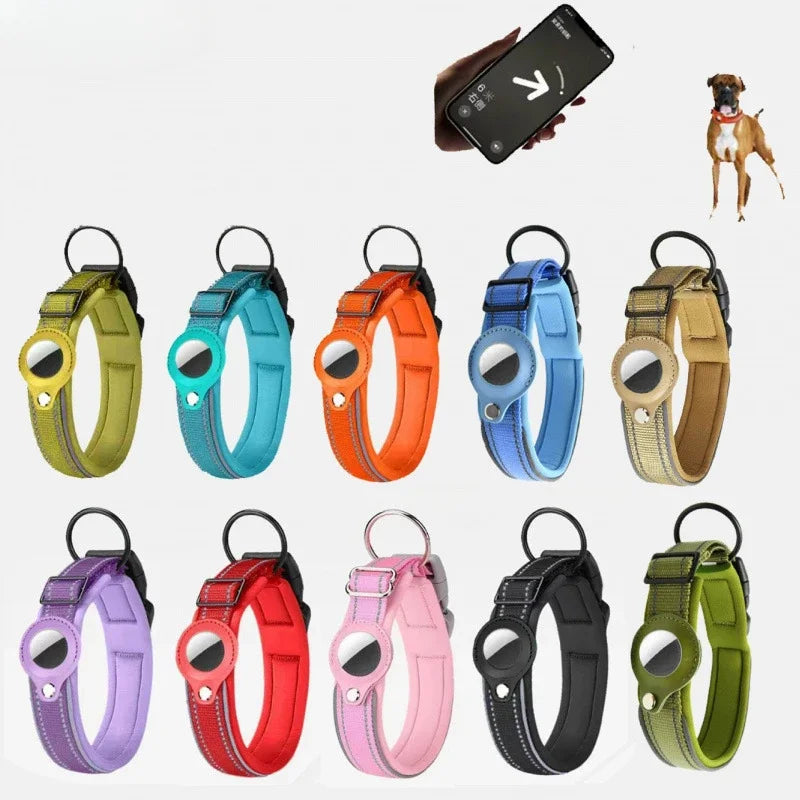 Reflective Padded Dog Collar with Airtag Holder - Adjustable Pet Collar for Small, Medium, and Large Dogs