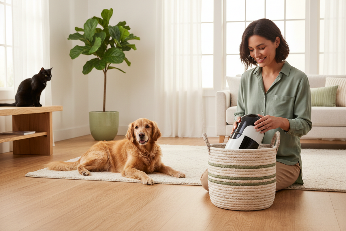 Premium lifestyle photo: pet parent placing a sleek toy into a minimal woven basket, dog and cat nearby, warm light, airy home, subtle light green accent, photorealistic, 3:2.